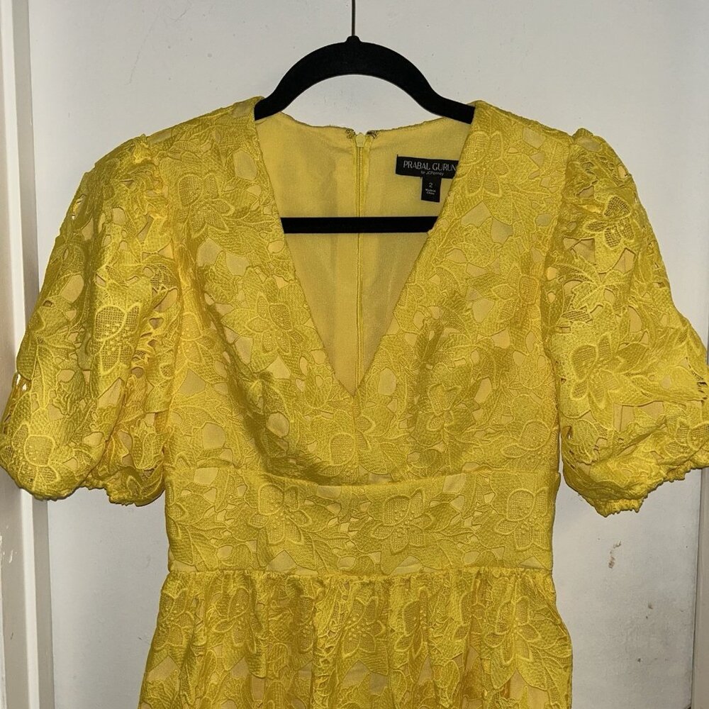 Prabal Gurung For JCPenney Yellow Puff Sleeve V-Neck Floral Party Dress Size 4 - Picture 3 of 11